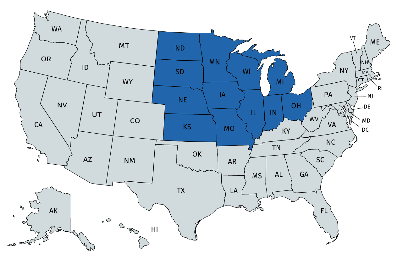 A map of the united states with each state labeled.